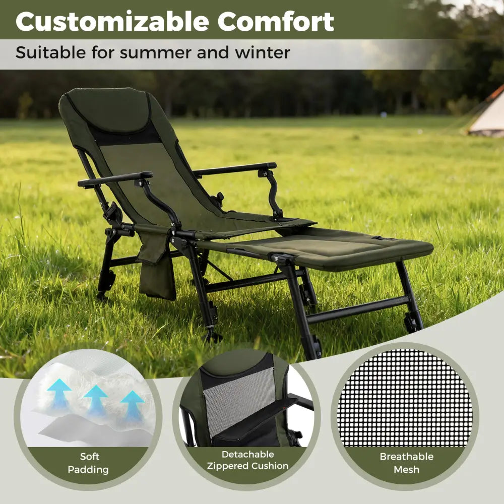 Oversized Foldable Fishing Chair with Detachable Footrest-Green - Green - Camping Furniture