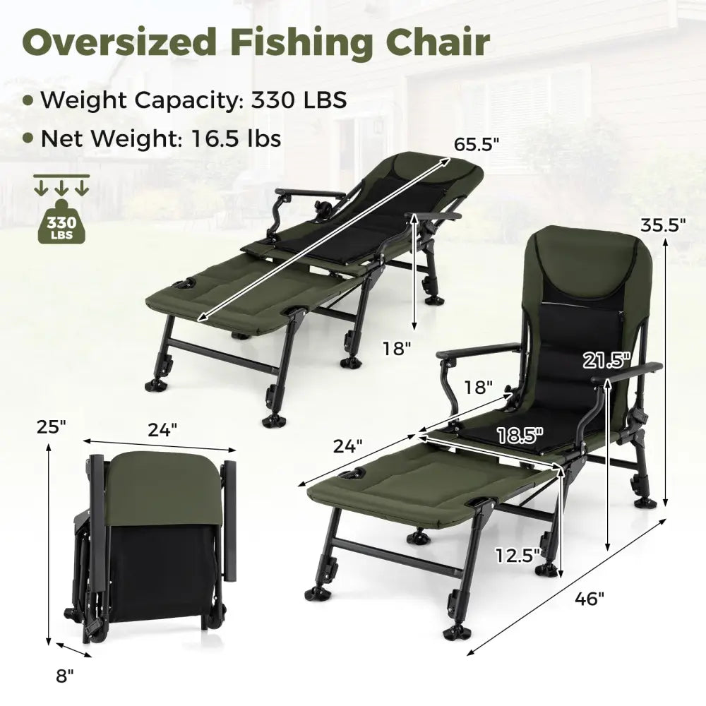 Oversized Foldable Fishing Chair with Detachable Footrest-Green - Green - Camping Furniture