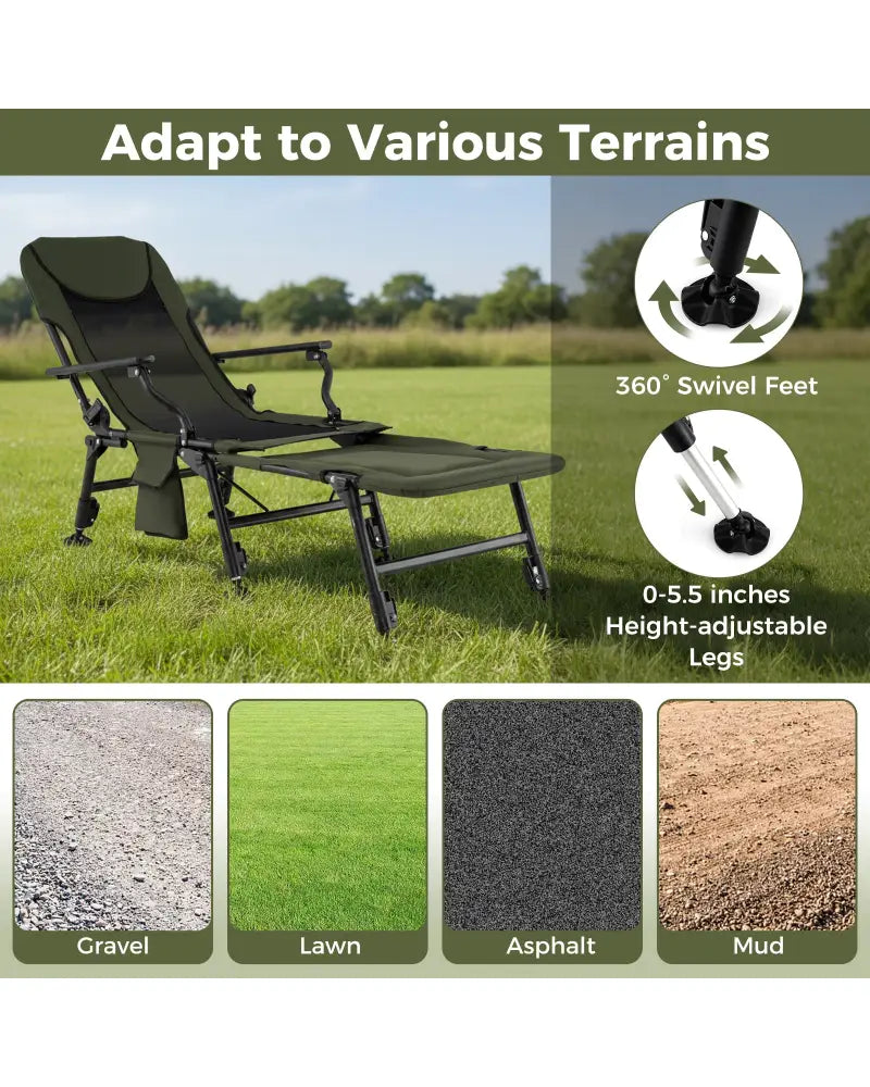 Oversized Foldable Fishing Chair with Detachable Footrest-Green - Green - Camping Furniture