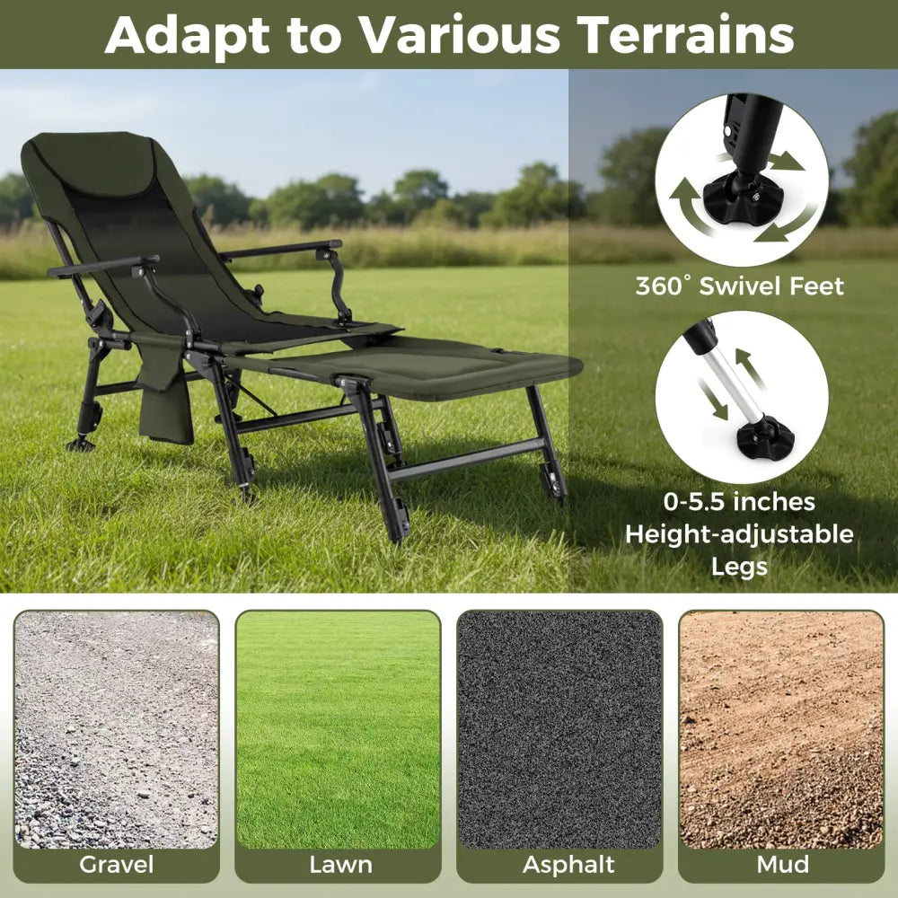 Oversized Foldable Fishing Chair with Detachable Footrest-Green - Green - Camping Furniture