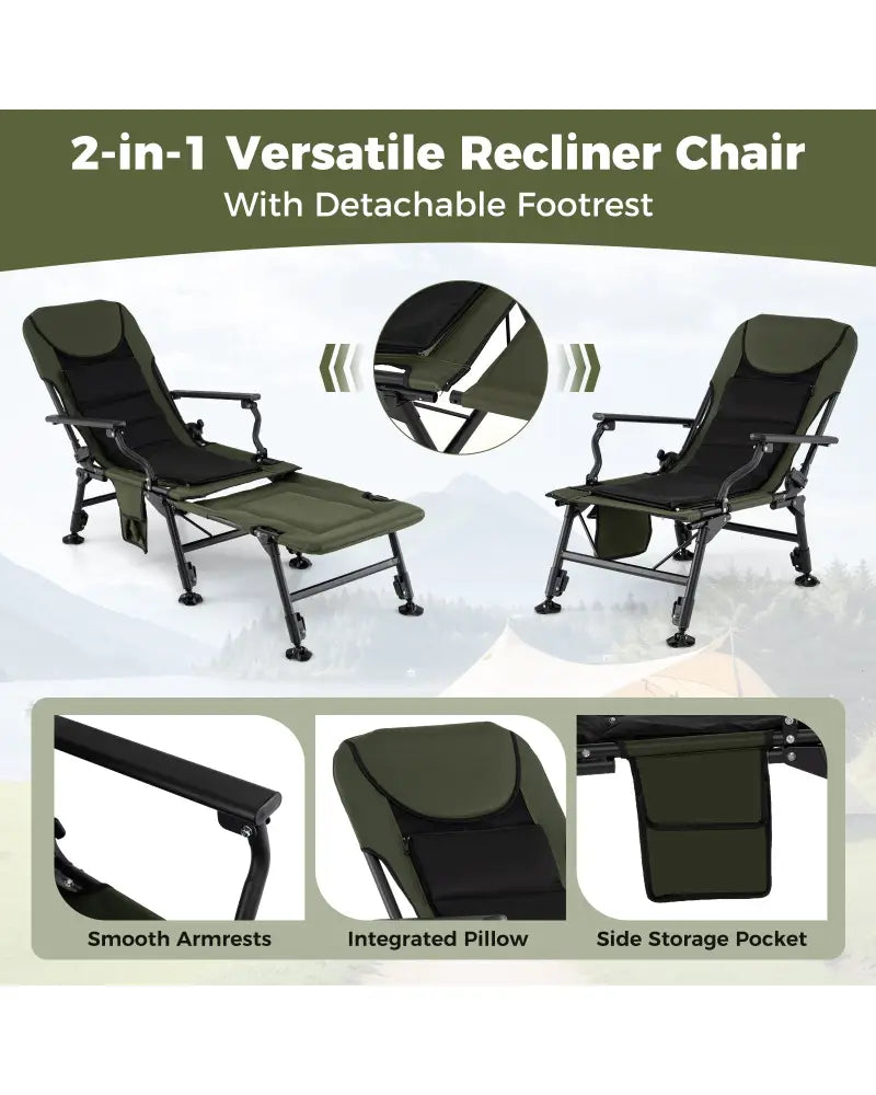 Oversized Foldable Fishing Chair with Detachable Footrest-Green - Green - Camping Furniture