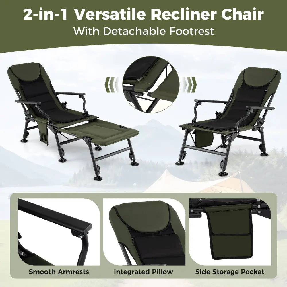 Oversized Foldable Fishing Chair with Detachable Footrest-Green - Green - Camping Furniture