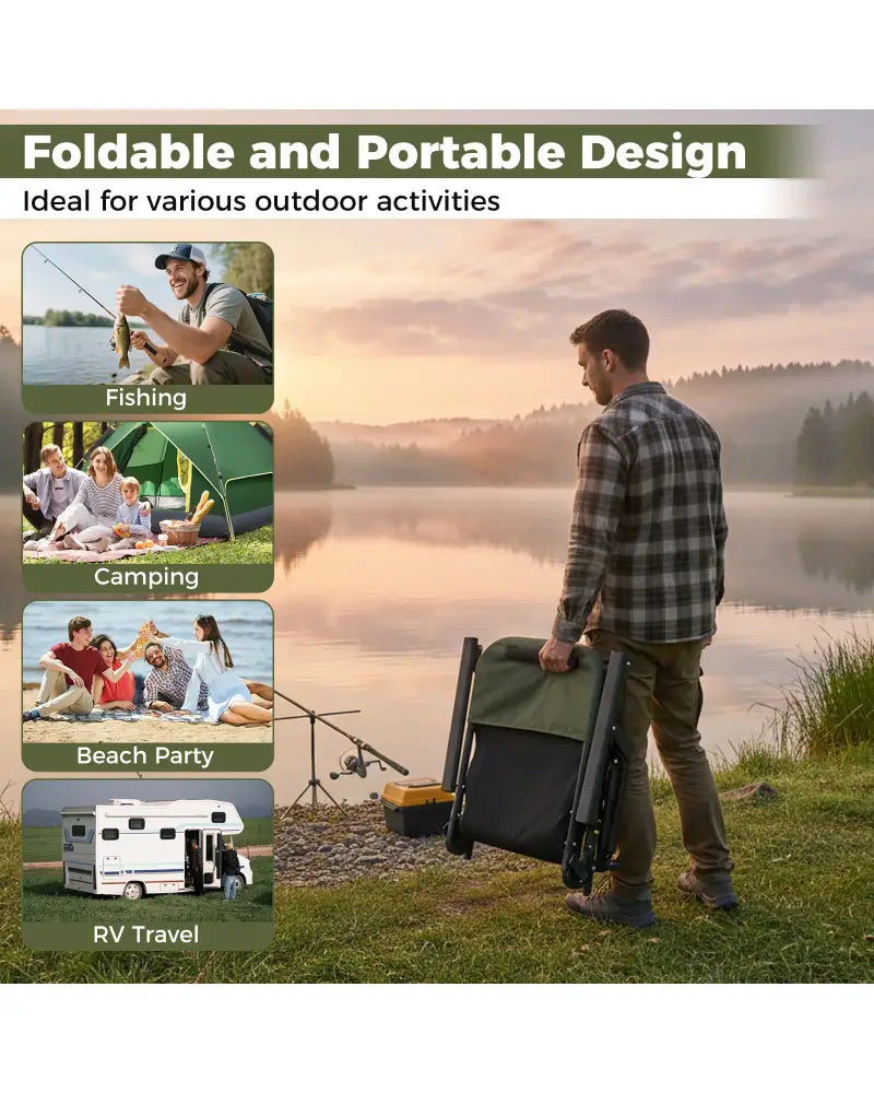 Oversized Foldable Fishing Chair with Detachable Footrest-Green - Green - Camping Furniture
