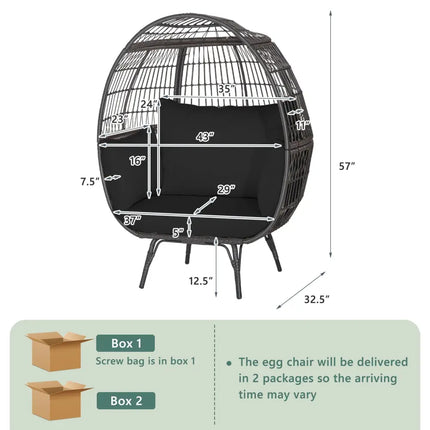 Oversized Indoor Wicker Egg Chair with Sturdy Metal Frame for Patio-Black - Black - Outdoor Chaise Lounges