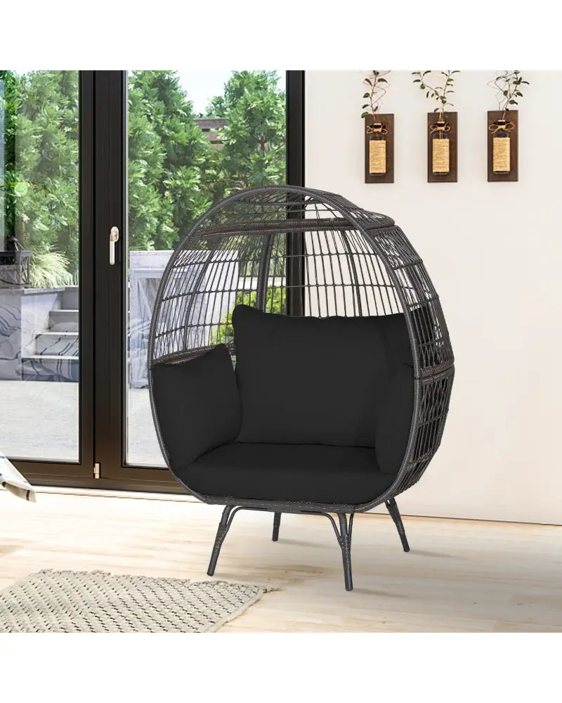 Oversized Indoor Wicker Egg Chair with Sturdy Metal Frame for Patio-Black - Black - Outdoor Chaise Lounges