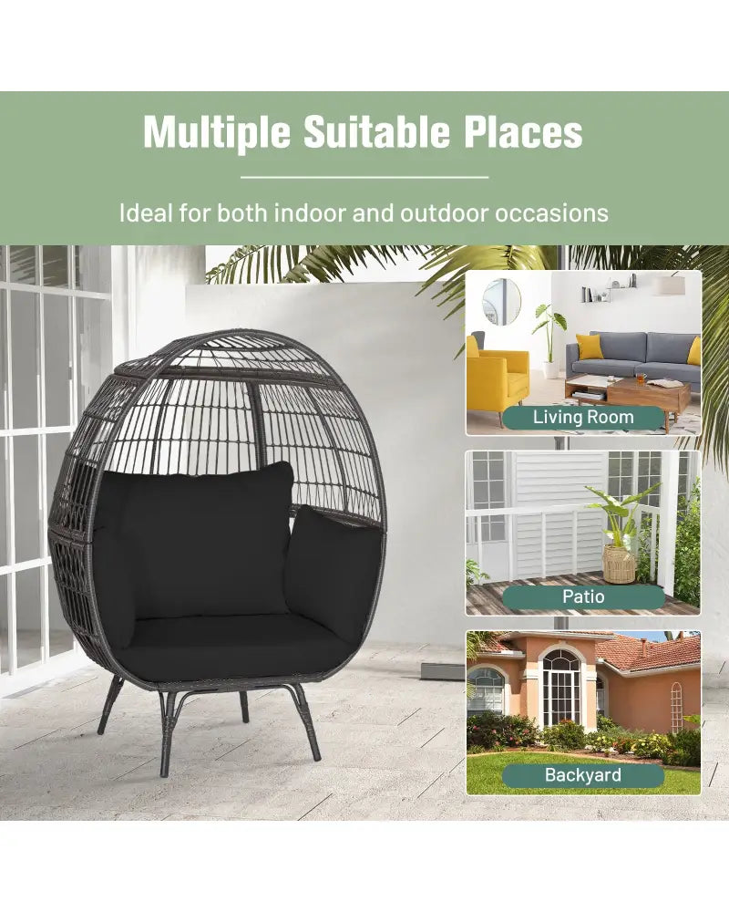 Oversized Indoor Wicker Egg Chair with Sturdy Metal Frame for Patio-Black - Black - Outdoor Chaise Lounges