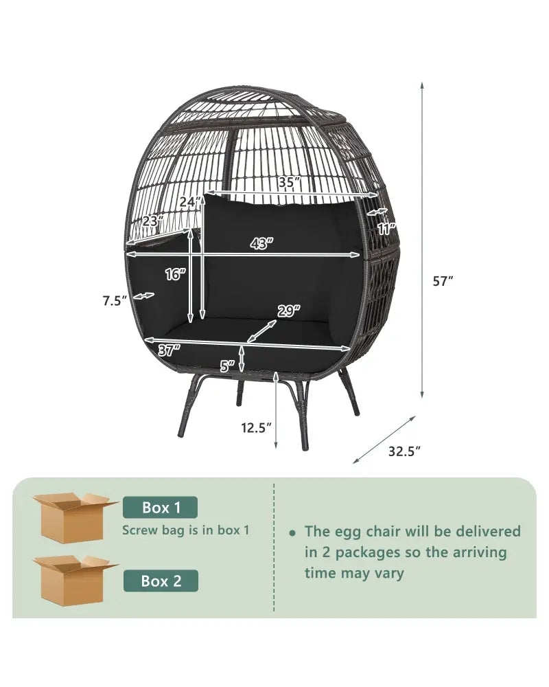 Oversized Indoor Wicker Egg Chair with Sturdy Metal Frame for Patio-Black - Black - Outdoor Chaise Lounges