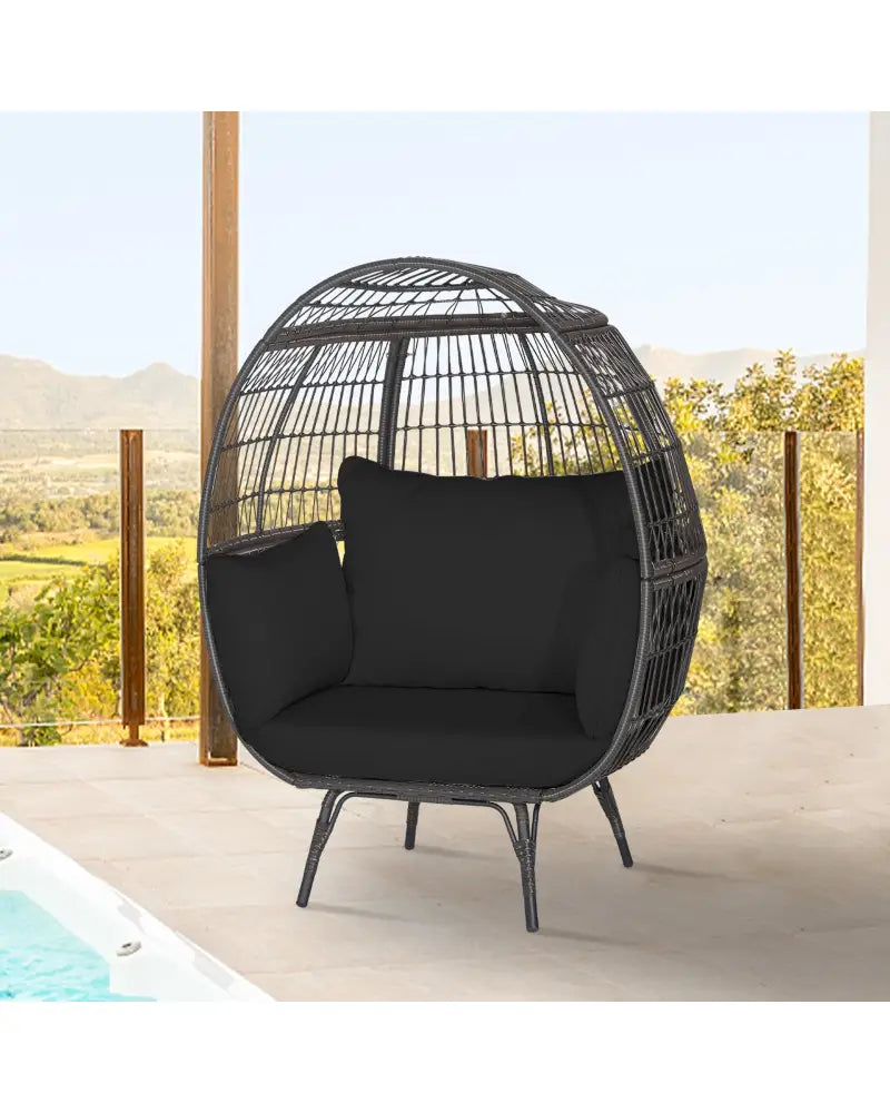 Oversized Indoor Wicker Egg Chair with Sturdy Metal Frame for Patio-Black - Black - Outdoor Chaise Lounges