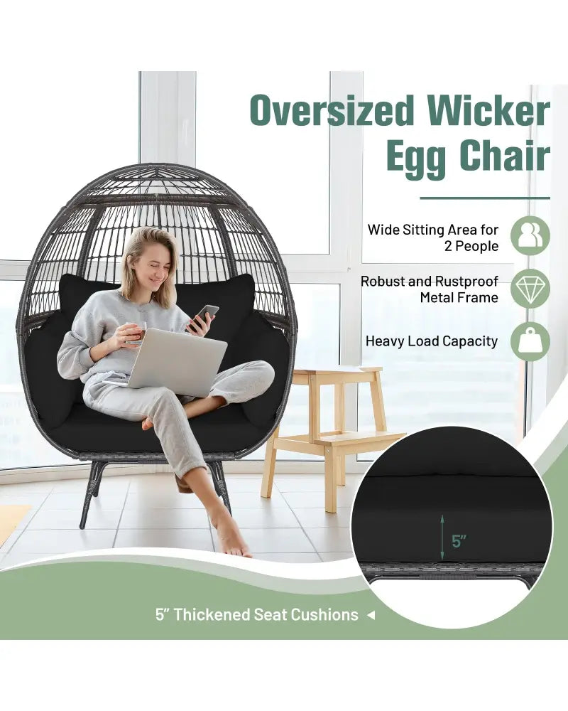 Oversized Indoor Wicker Egg Chair with Sturdy Metal Frame for Patio-Black - Black - Outdoor Chaise Lounges