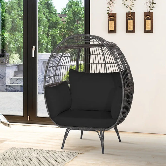 Oversized Indoor Wicker Egg Chair with Sturdy Metal Frame for Patio-Black - Black - Outdoor Chaise Lounges