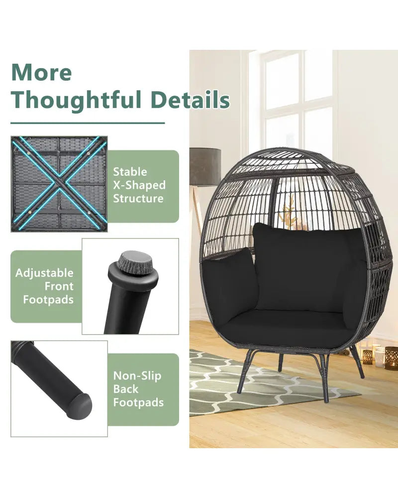 Oversized Indoor Wicker Egg Chair with Sturdy Metal Frame for Patio-Black - Black - Outdoor Chaise Lounges