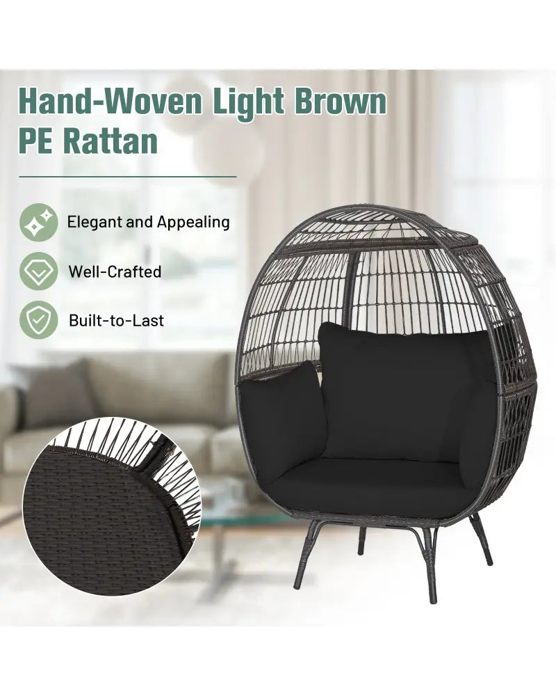 Oversized Indoor Wicker Egg Chair with Sturdy Metal Frame for Patio-Black - Black - Outdoor Chaise Lounges