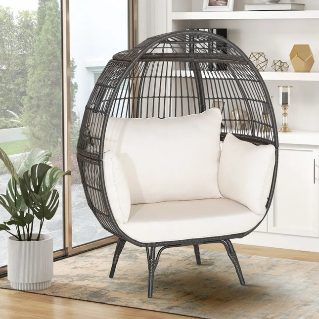 Oversized Patio Rattan Egg Lounge Chair with 4 Cushions-Brown - Brown - Outdoor Chaise Lounges