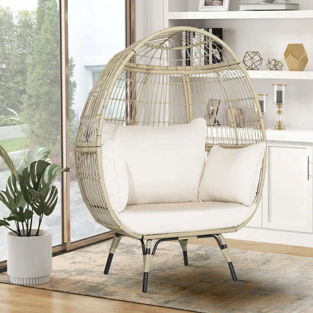 Oversized Patio Rattan Egg Lounge Chair with 4 Cushions-Light Brown - Light Brown - Outdoor Chaise Lounges