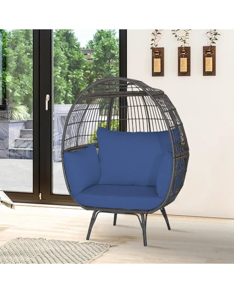 Oversized Patio Rattan Egg Lounge Chair with 4 Cushions-Navy - Navy - Outdoor Chaise Lounges