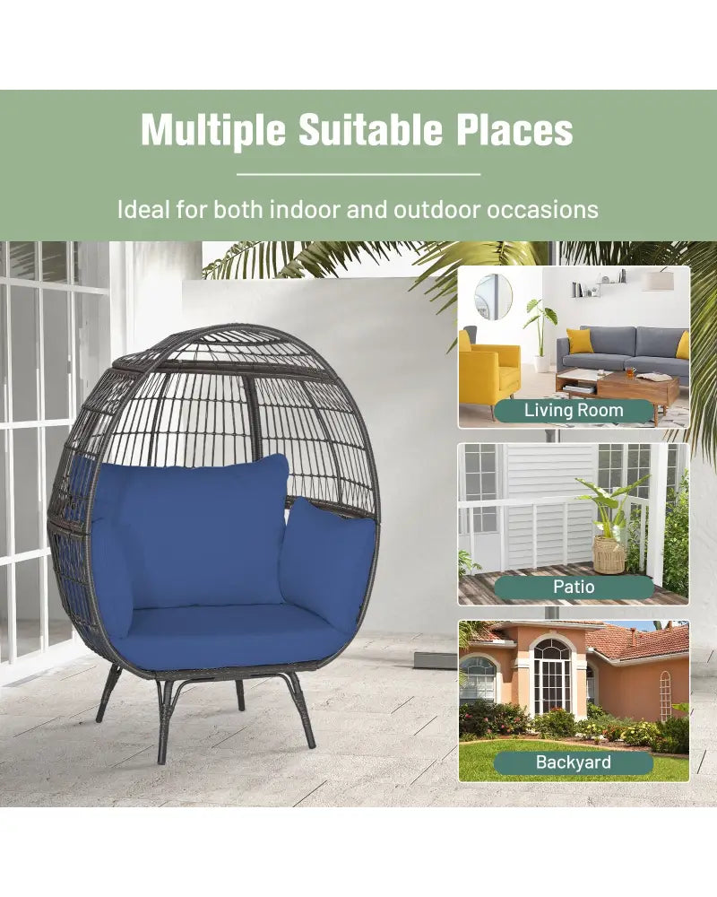 Oversized Patio Rattan Egg Lounge Chair with 4 Cushions-Navy - Navy - Outdoor Chaise Lounges