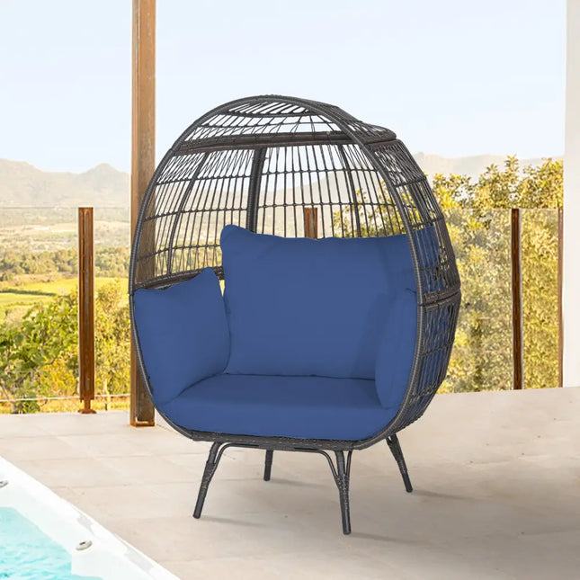 Oversized Patio Rattan Egg Lounge Chair with 4 Cushions-Navy - Navy - Outdoor Chaise Lounges