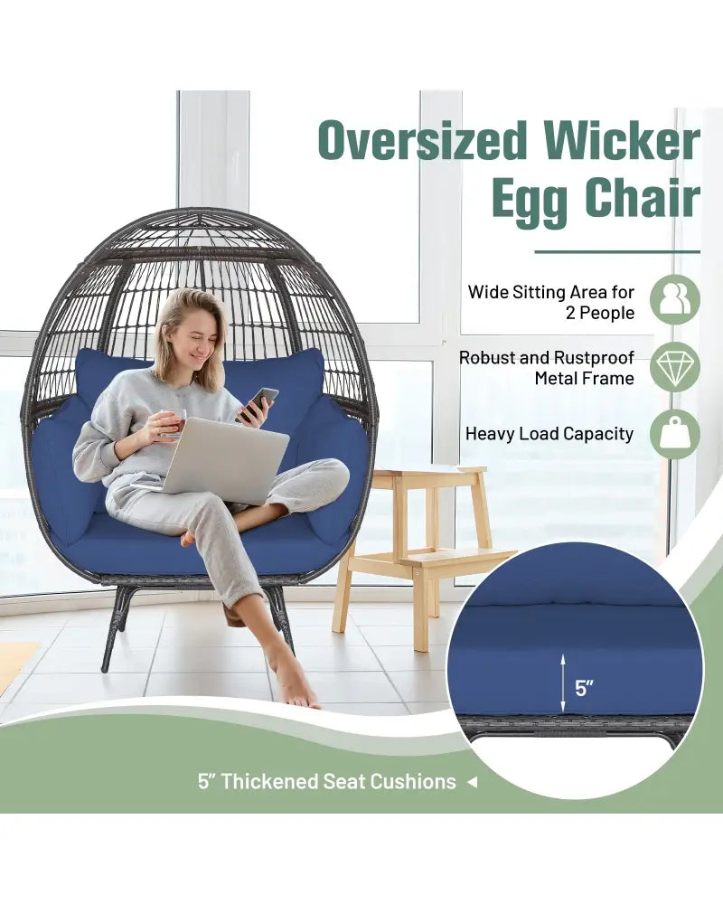 Oversized Patio Rattan Egg Lounge Chair with 4 Cushions-Navy - Navy - Outdoor Chaise Lounges