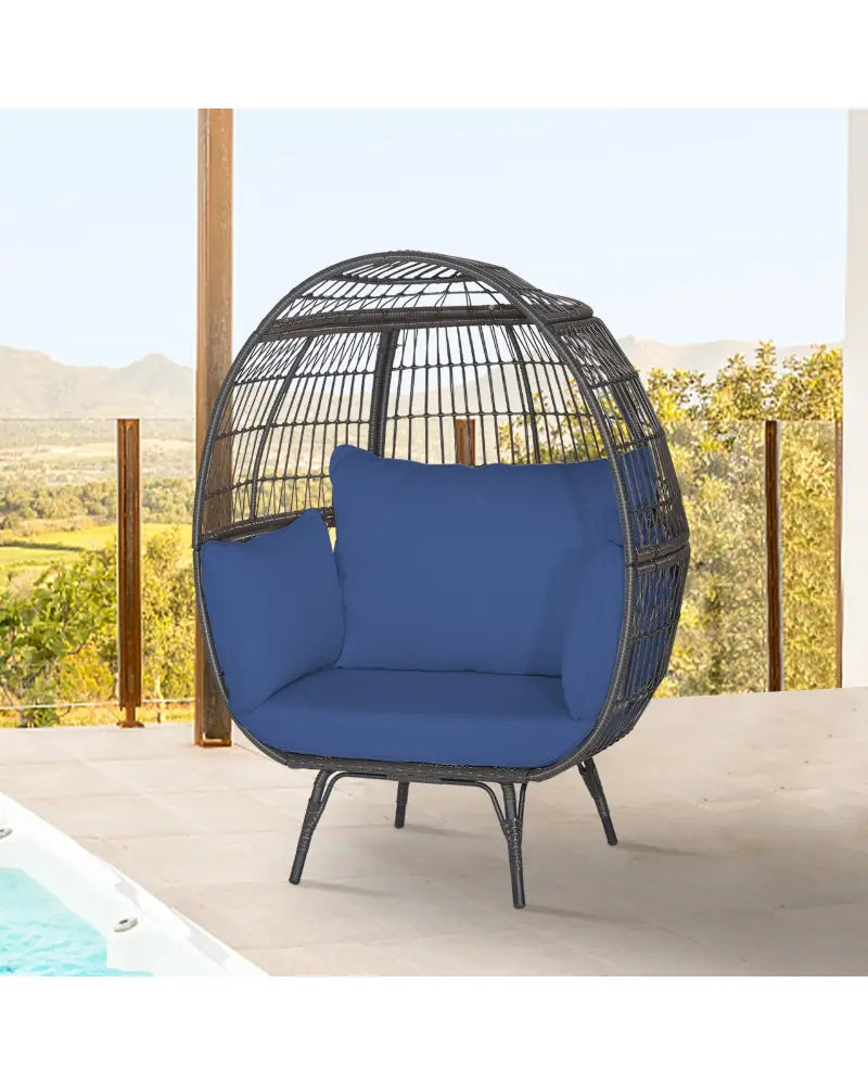Oversized Patio Rattan Egg Lounge Chair with 4 Cushions-Navy - Navy - Outdoor Chaise Lounges