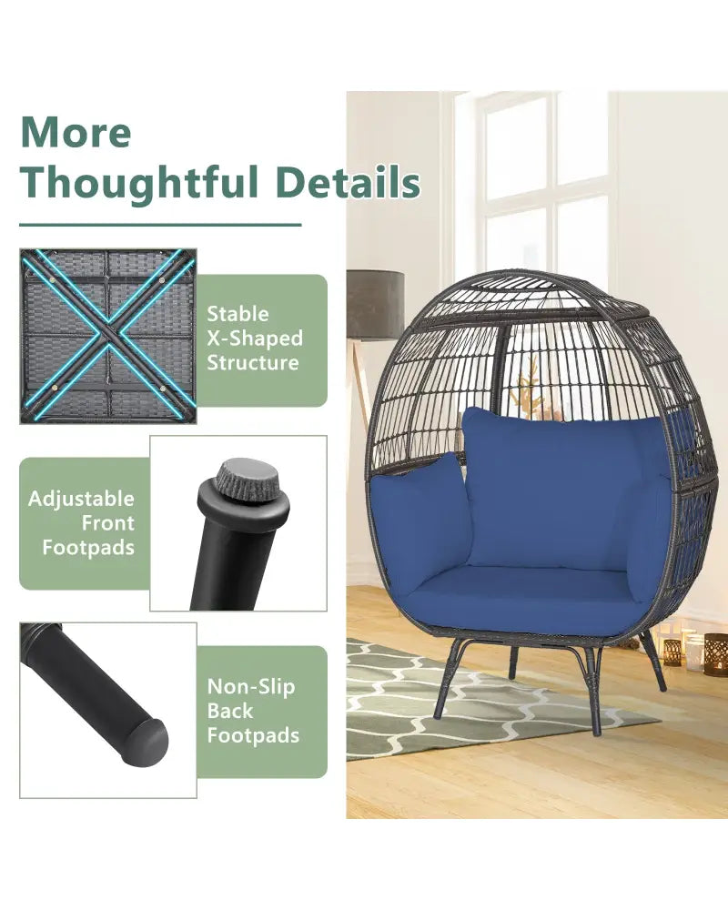 Oversized Patio Rattan Egg Lounge Chair with 4 Cushions-Navy - Navy - Outdoor Chaise Lounges