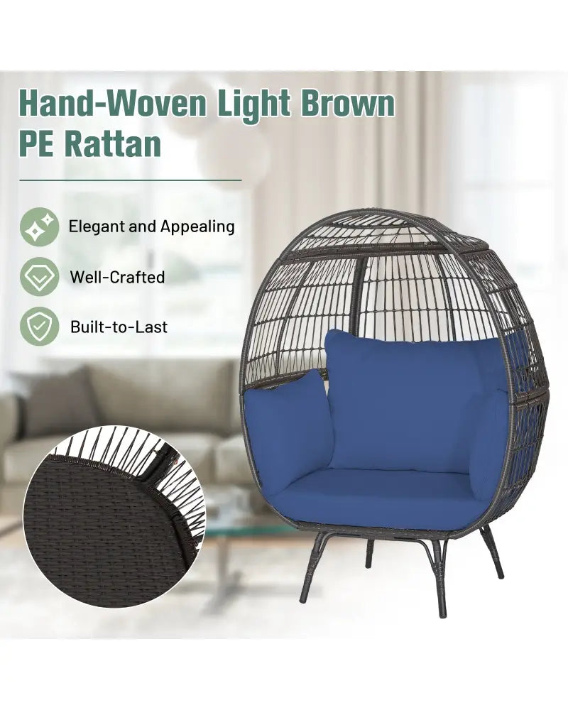 Oversized Patio Rattan Egg Lounge Chair with 4 Cushions-Navy - Navy - Outdoor Chaise Lounges