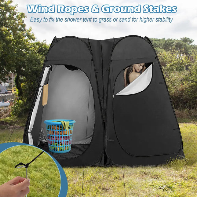 Oversized Pop Up Shower Tent with Window Floor and Storage Pocket-Black - Black - Tents