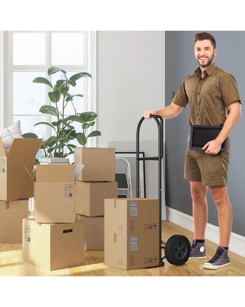 P-Handle Sack Truck with 10 Inch Wheels and Foldable Load Area-Black - Black - Garages