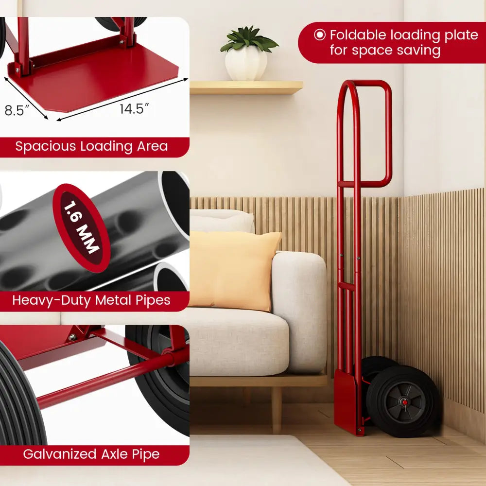 P-Handle Sack Truck with 10 Inch Wheels and Foldable Load Area-Red - Red - Garages