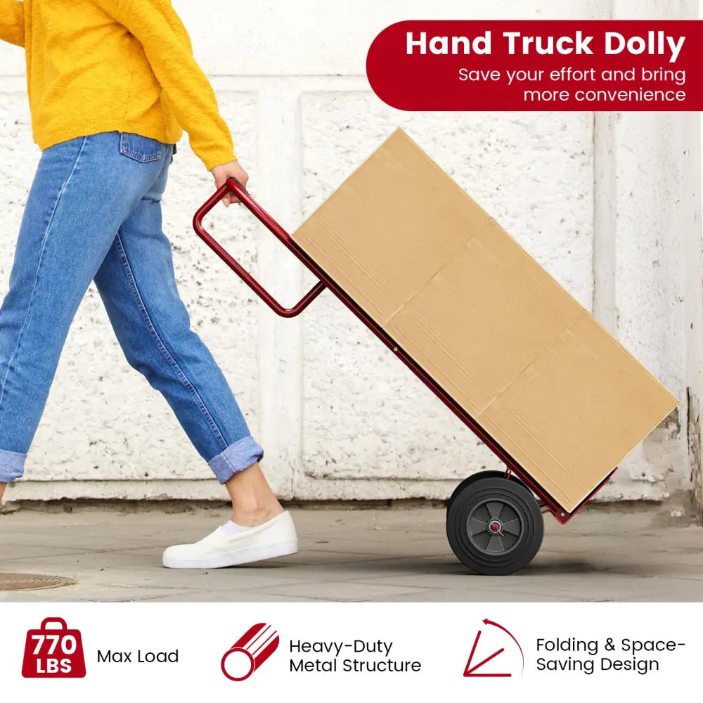 P-Handle Sack Truck with 10 Inch Wheels and Foldable Load Area-Red - Red - Garages
