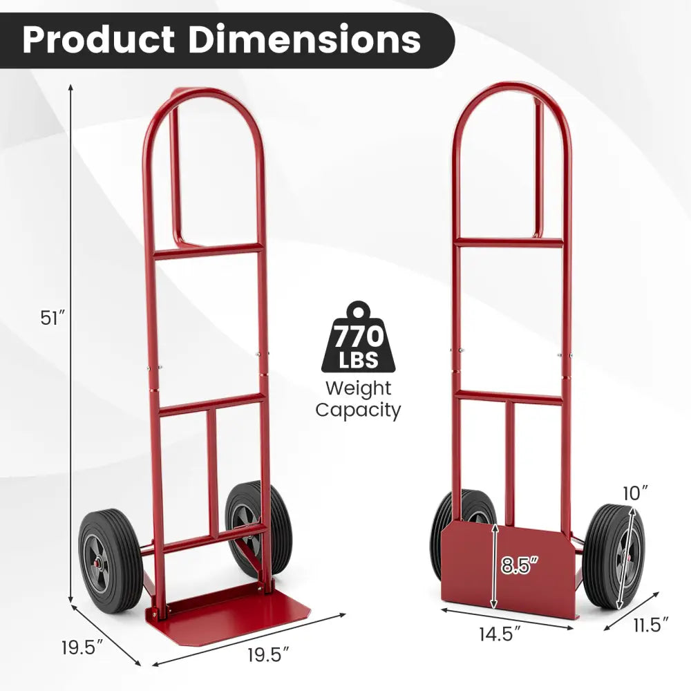 P-Handle Sack Truck with 10 Inch Wheels and Foldable Load Area-Red - Red - Garages