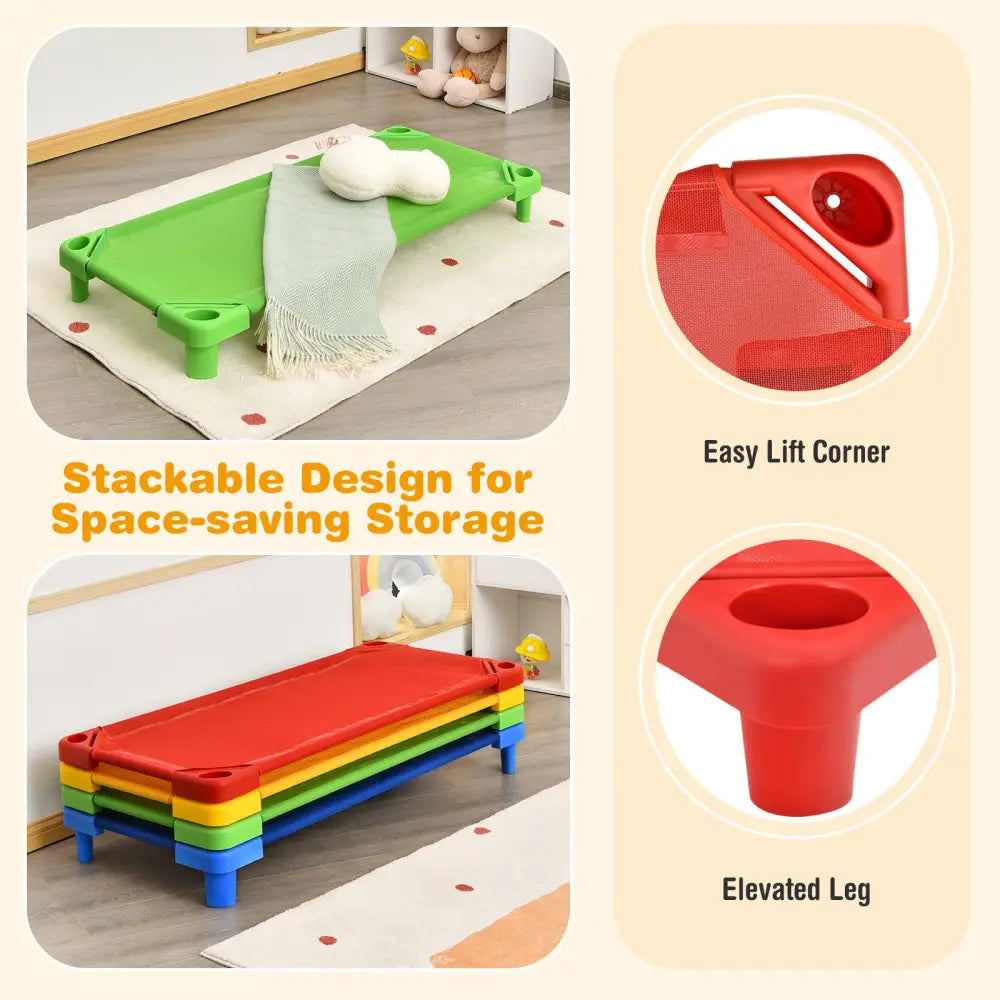 Pack of 4 Colorful Kids Stackable Naptime Cot - Multicolor - Toddler Beds