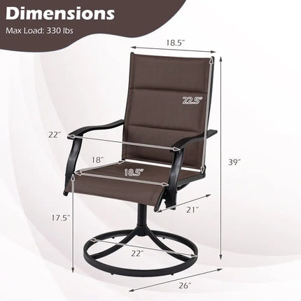 Padded Patio Swivel Chairs Set of 2 Ergonomic Outdoor Dining Chairs with Breathable Fabric-Brown - Brown - Patio Dining
