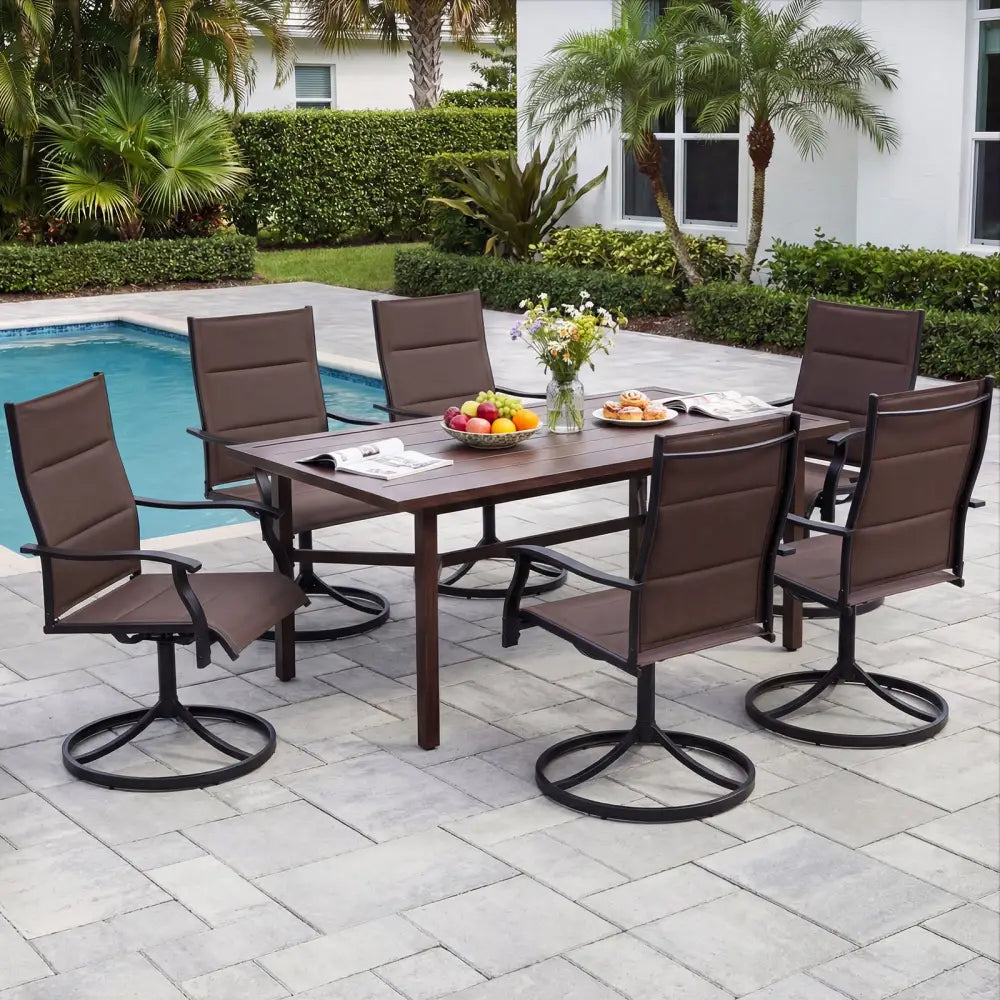 Padded Patio Swivel Chairs Set of 2 Ergonomic Outdoor Dining Chairs with Breathable Fabric-Brown - Brown - Patio Dining