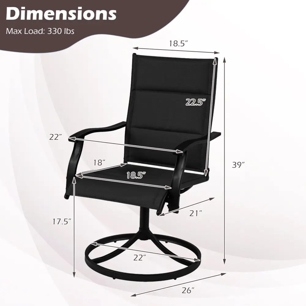 Padded Patio Swivel Chairs Set of 2 Ergonomic Outdoor Dining Chairs with Breathable Fabric-Black - Black - Patio Dining