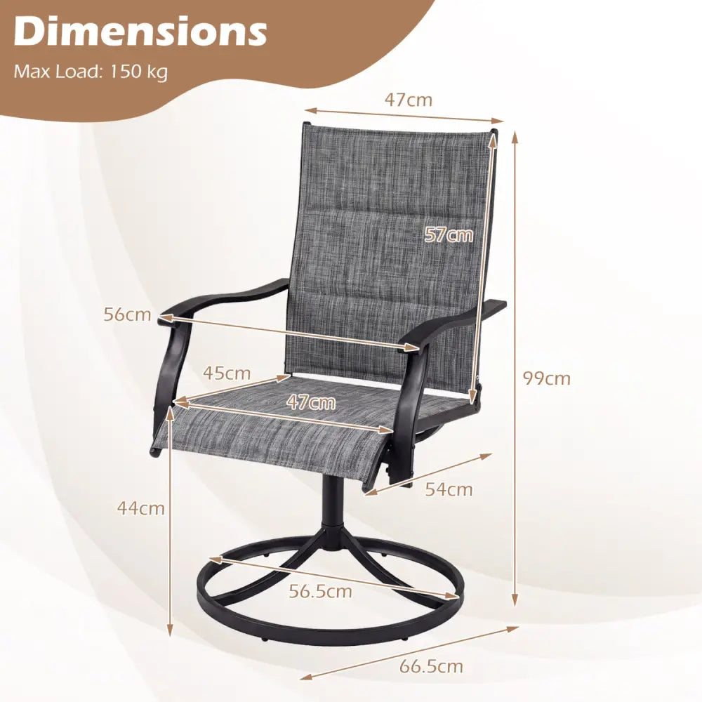 Padded Patio Swivel Chairs Set of 2 Ergonomic Outdoor Dining Chairs with Breathable Fabric-Gray - Gray - Patio Dining