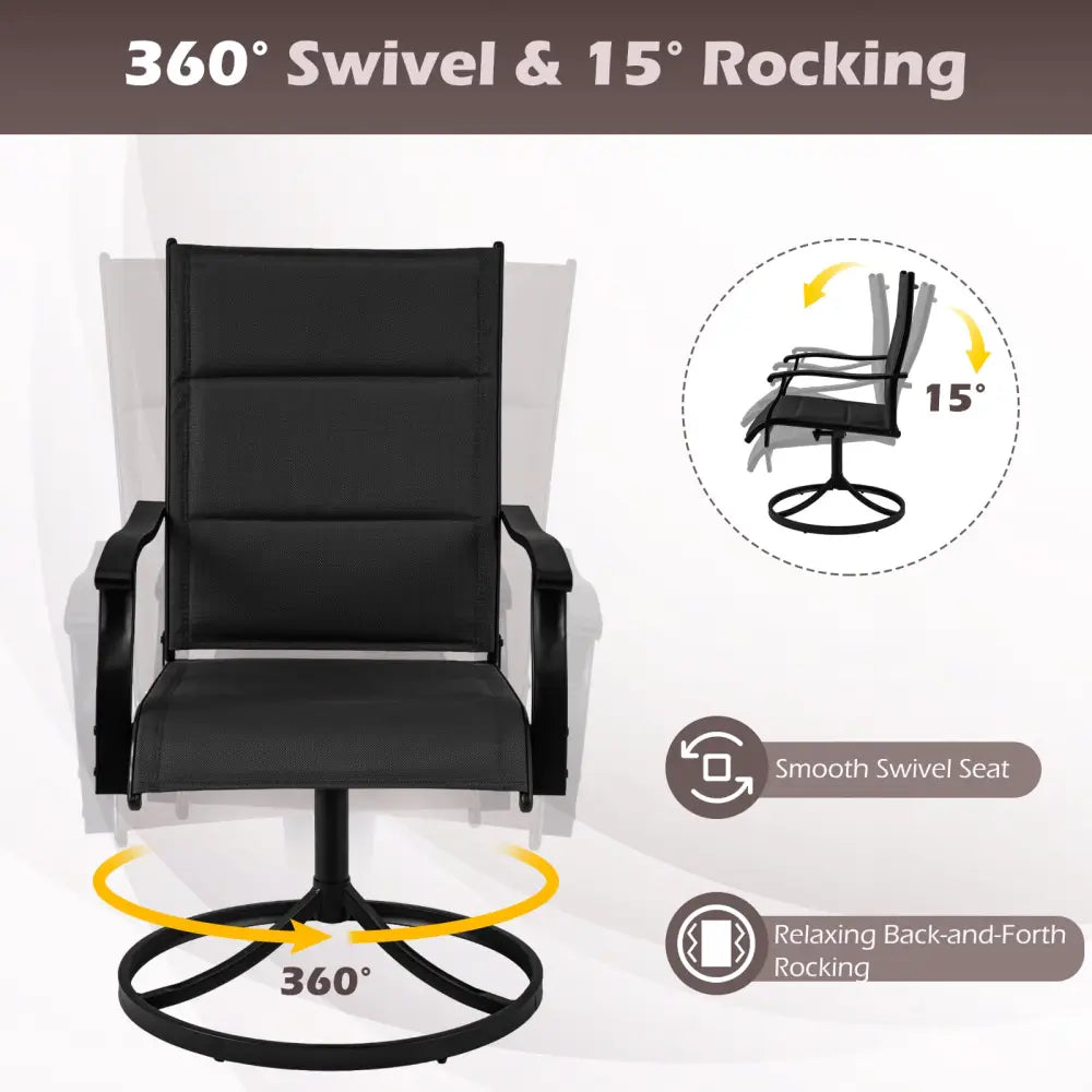 Padded Patio Swivel Chairs Set of 2 Ergonomic Outdoor Dining Chairs with Breathable Fabric-Black - Black - Patio Dining