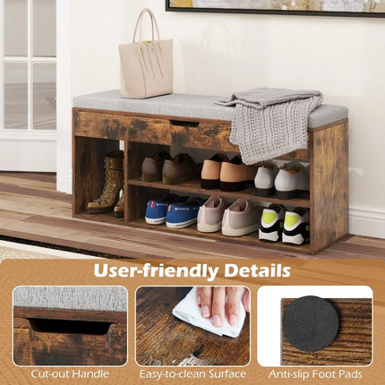 Padded Seat Shoe Bench with Hidden Storage and 3 Open Shelves-Coffee - Coffee - Shoe Racks & Storage Benches