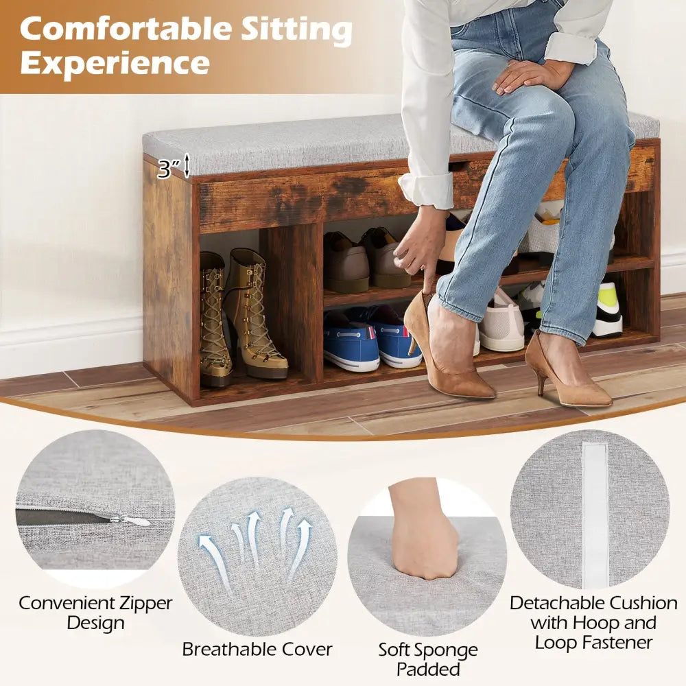 Padded Seat Shoe Bench with Hidden Storage and 3 Open Shelves-Coffee - Coffee - Shoe Racks & Storage Benches