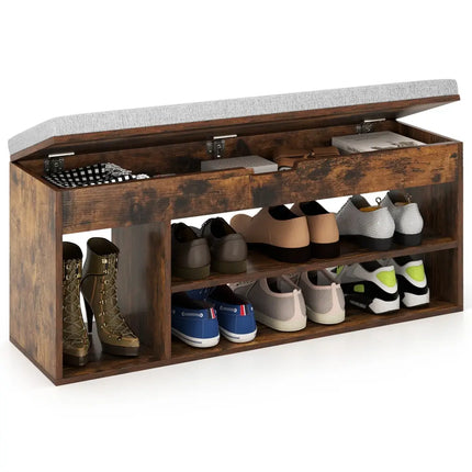 Padded Seat Shoe Bench with Hidden Storage and 3 Open Shelves-Coffee - Coffee - Shoe Racks & Storage Benches