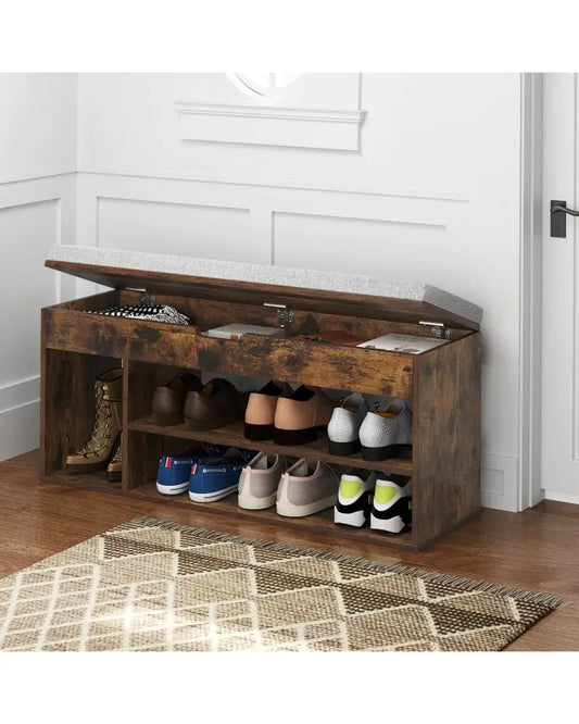 Padded Seat Shoe Bench with Hidden Storage and 3 Open Shelves-Coffee - Coffee - Shoe Racks & Storage Benches