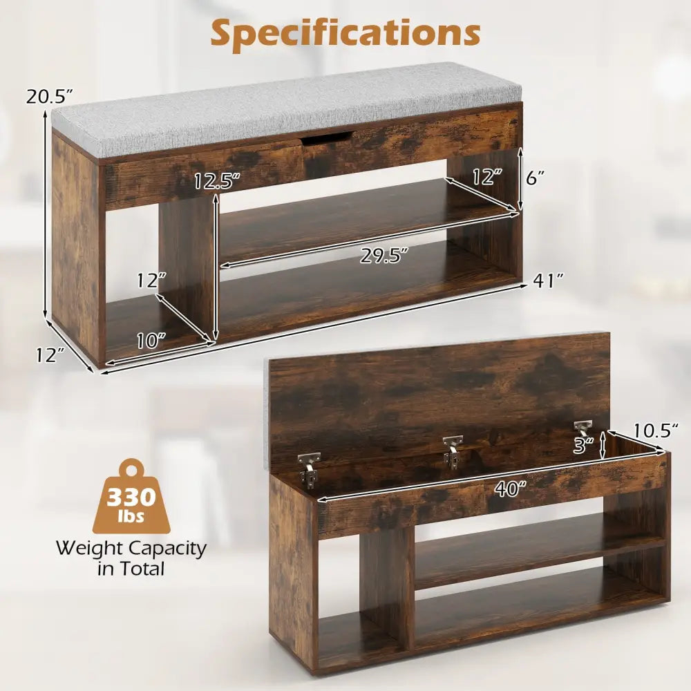 Padded Seat Shoe Bench with Hidden Storage and 3 Open Shelves-Coffee - Coffee - Shoe Racks & Storage Benches