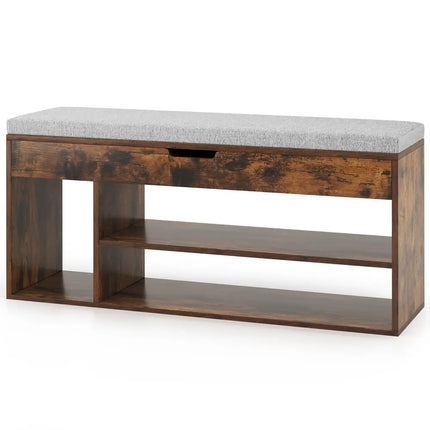 Padded Seat Shoe Bench with Hidden Storage and 3 Open Shelves-Coffee - Coffee - Shoe Racks & Storage Benches