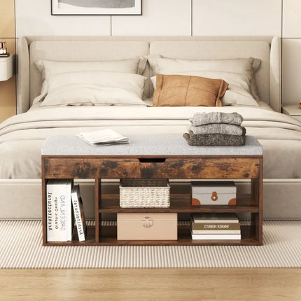 Padded Seat Shoe Bench with Hidden Storage and 3 Open Shelves-Coffee - Coffee - Shoe Racks & Storage Benches