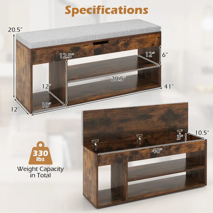 Padded Seat Shoe Bench with Hidden Storage and 3 Open Shelves-Coffee - Coffee - Shoe Racks & Storage Benches
