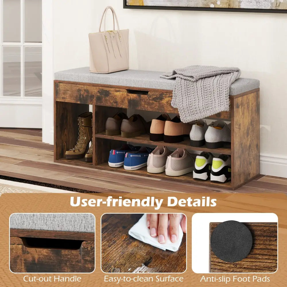 Padded Seat Shoe Bench with Hidden Storage and 3 Open Shelves-Coffee - Coffee - Shoe Racks & Storage Benches