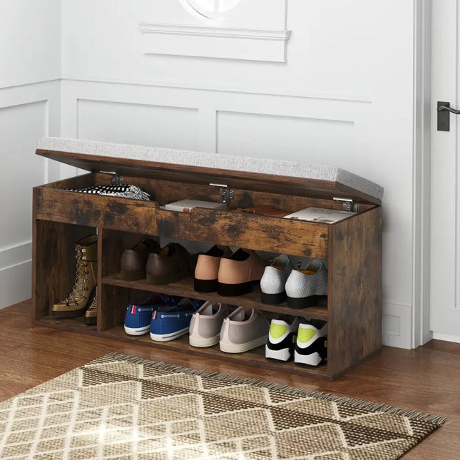 Padded Seat Shoe Bench with Hidden Storage and 3 Open Shelves-Coffee - Coffee - Shoe Racks & Storage Benches