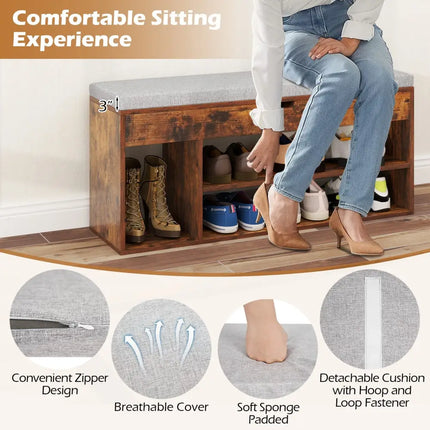 Padded Seat Shoe Bench with Hidden Storage and 3 Open Shelves-Coffee - Coffee - Shoe Racks & Storage Benches