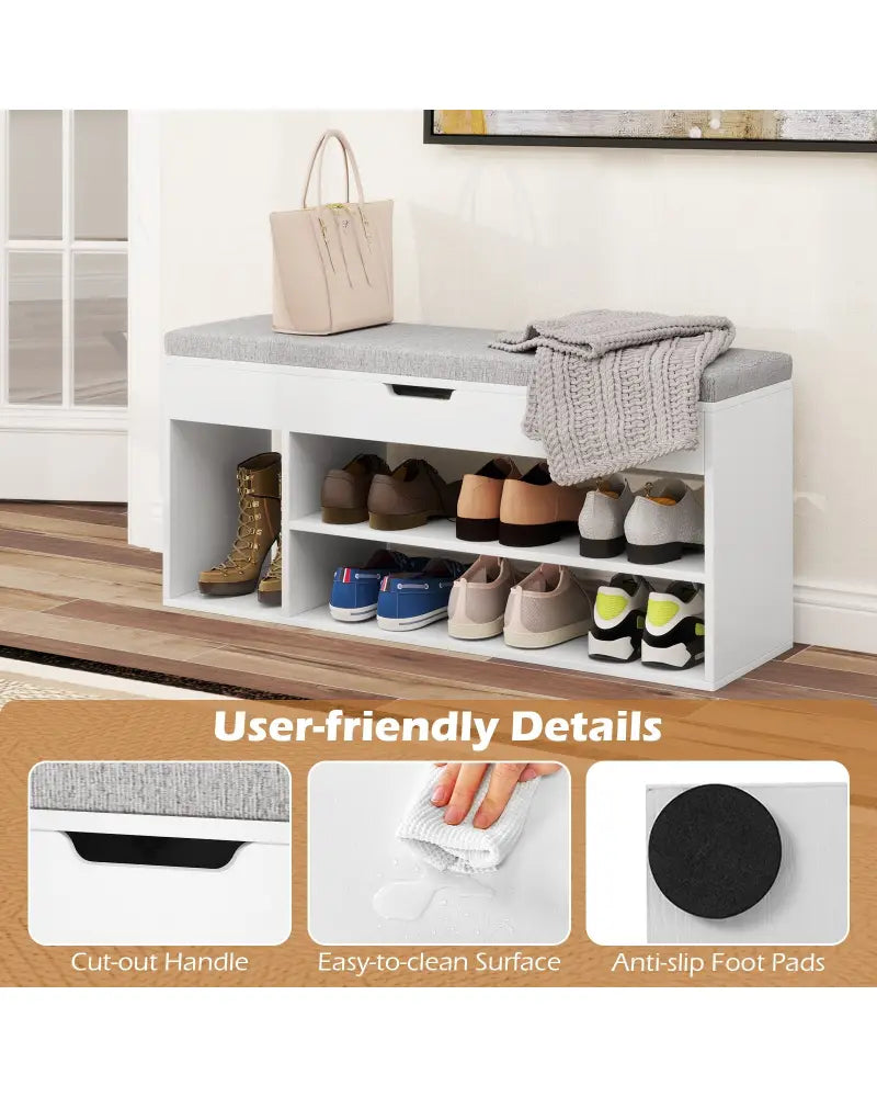 Padded Seat Shoe Bench with Hidden Storage and 3 Open Shelves-White - White - Shoe Racks & Storage Benches