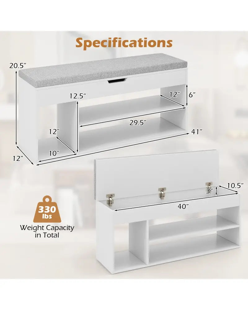 Padded Seat Shoe Bench with Hidden Storage and 3 Open Shelves-White - White - Shoe Racks & Storage Benches
