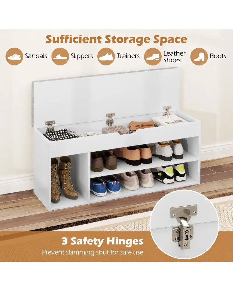 Padded Seat Shoe Bench with Hidden Storage and 3 Open Shelves-White - White - Shoe Racks & Storage Benches